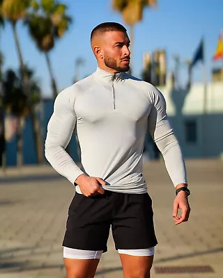 Mens 1/4 Zip Tight Fit Ling Sleeve Quick Dry Top Muscle Fit • £18.99