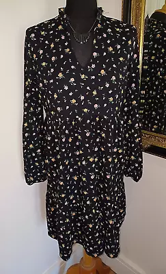Pretty High Neck Long Sleeve Black Flower Print Maternity Dress New Look UK 12 • $7.78