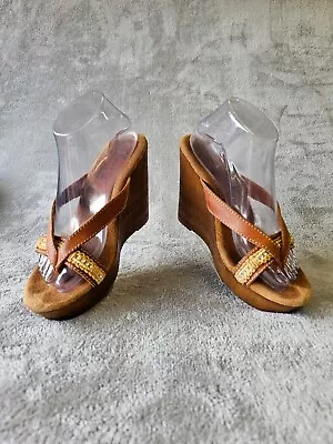 Sbicca Vintage Collection Wedge Sandals Leather Slide Thongs Womens Size 10 • $44.97