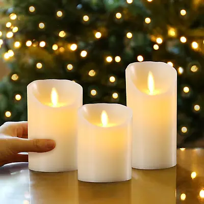 Set Of 3 LED Flameless Pillar Candles Flickering Battery Operated With Remote • £11.85