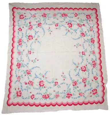 True Vintage Printed Tablecloth  Flowers  Retro Mcm  Near Square   (BB2) • $28