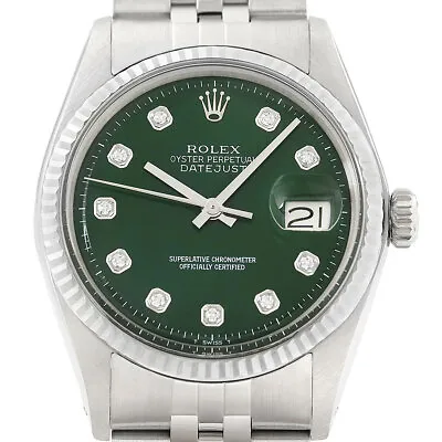 Rolex Mens Datejust 18K White Gold & Steel Green Diamond Dial Jubilee Watch • $4095