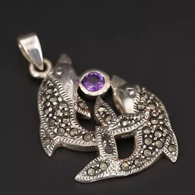 Sterling Silver -  WTS WATSON Amethyst & Marcasite Dolphin Necklace Pendant - 5g • $25