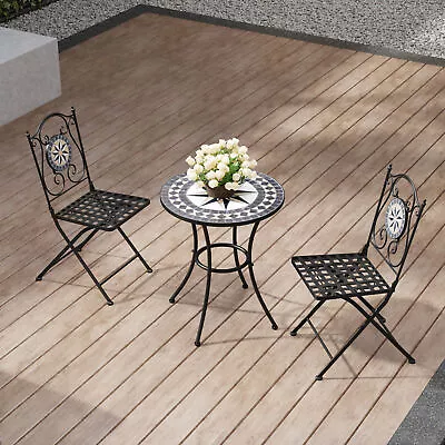 Mosaic Bistro Set Garden Table And Folding Chairs Outdoor Patio Dining Furniture • £135.95