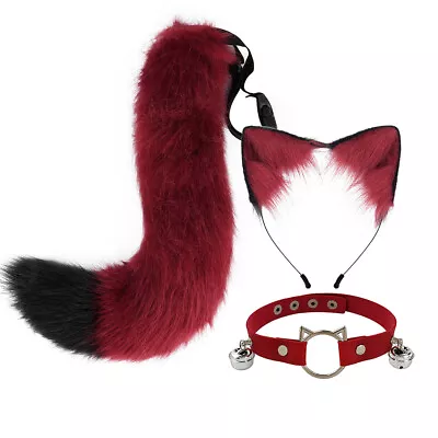 Simulation Cat Ears Tail Necklace Set Cosplay Props Plush Fox Ear Hair Hoop AU • $25.36