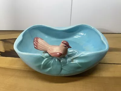 Vintage McCoy Pottery Bright Blue Red Bird Console Vase Dish Planter • $50