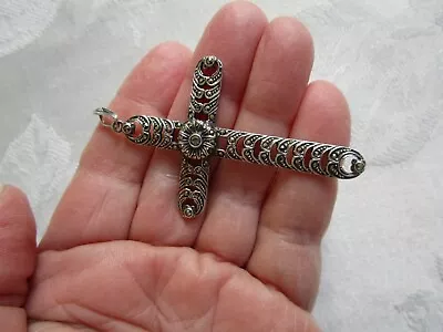 Sterling Silver Marcasite Large Cross Pendant Excellent • $40