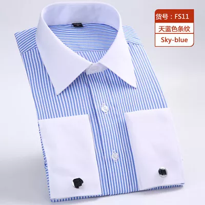 Mens Dress Shirts Luxury Casual Striped White Collar Camisas French Cuff Shirts • £20.90