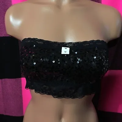 La Senza Bling Sequin Lace Bandeau Bralette Black Unlined Bra Medium M NWT • $11.95