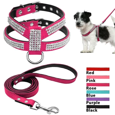 £9.59 • Buy Bling Rhinestone Dog Harness And Lead Soft Suede Leather Pet Step-In Vest Jacket