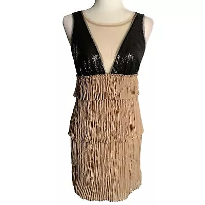 Vintage Y2K BCBG Pleated Mini Dress XS Tan Sequin Mesh Top Lined Zip Layered • $36