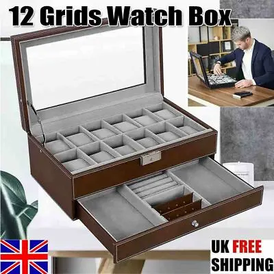 £22.97 • Buy Mens Display Case Watch Jewelry Storage Holder Box 12 Grids Organizer PU Leather
