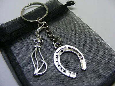 £3.95 • Buy Lucky Horseshoe & Cute Cat Charm Keyring With Gift Bag