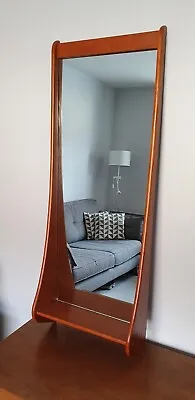 Vintage Mid Century Teak Danish Modern Wall Mirror With Shelf 1960s 1970s • £190