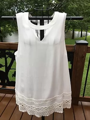 AB STUDIO Women XL Sleeveless White Sheer Lined Lace Edge Top Polyester Keyhole • $12.50