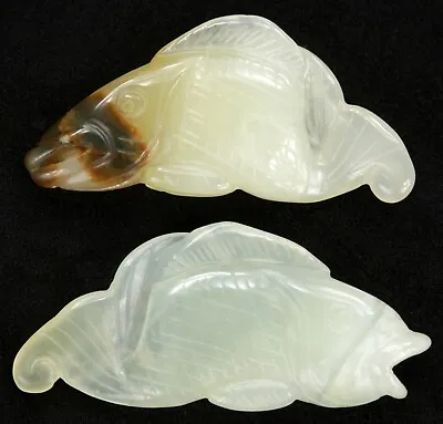 Antique Pair 2 Chinese Qing Dynasty Carved Light Green Jade Koi Fish China Old • $109.99