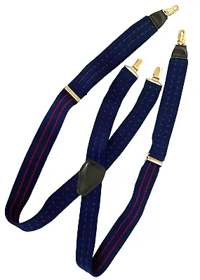 VTG Pelican Navy Blue Grid Check Suspenders USA Made Brass Leather One Size • $13.99