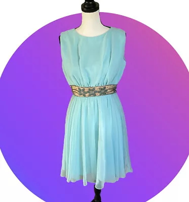 Vintage 60s Miss Elliette Aqua Blue Chiffon Fit Flare Dancing Dress S M 4 • $61.20