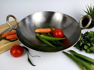 Iron Frying Pan Wok Karahi Kadahi Heavy Duty Round Base Deep Handmade Balti Dish • £11.89