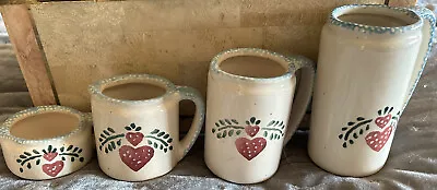 Vintage Set Of 4 Ceramic Measuring Cup Blue Spongeware Strawberry Hearts Country • $14.95