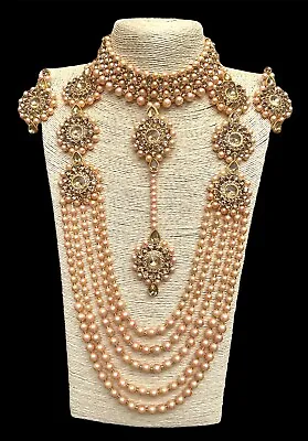 £19.99 • Buy Indian Pakistani  Gold Tikka Earrings Choker Long Necklace Combo Jewellery Set
