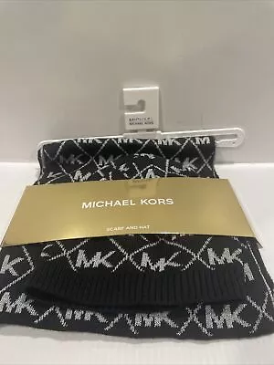 $88 New MICHAEL KORS MK LOGO SCARF BEANIE BELLYBAND SET BLACK / SILVER • $39