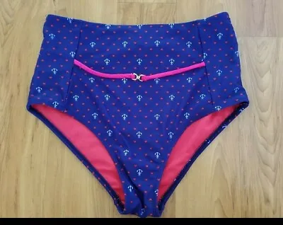 Apollo Swimwear Sz M Blue Nautical Anchor Highwaist Swim Bikini Bottoms Womens  • $6