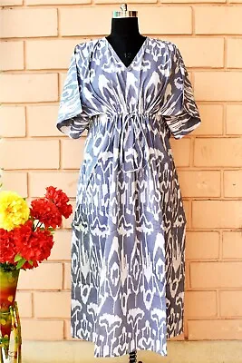 $39.67 • Buy Indian Cotton Kaftan Grey Ikat Night Suit Bridal Kaftan Night Maxi Gown Kaftan 