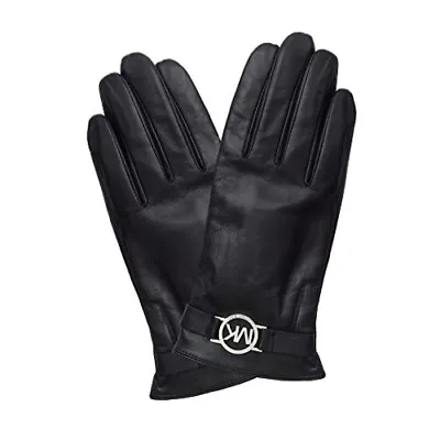 NWT Michael Kors Silver MK Circle Logo Black Leather Gloves Touch Tips Lined M • $99.99