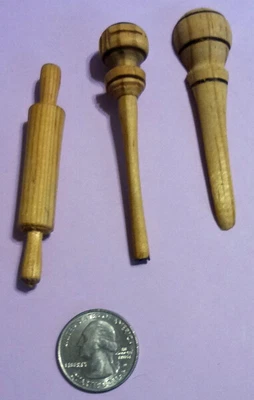 $10.95 • Buy 3 Vtg Wooden Kitchen Utensils Rolling Pin Spoon Molinillo 1:6 Scale Miniatures