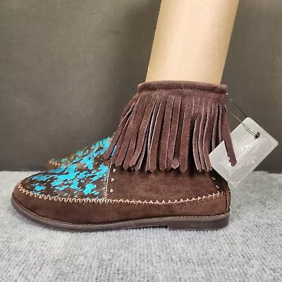 Montana West Womens Size 10 Brown Teal Leather Suede Fringe Western Bootie Boots • $49