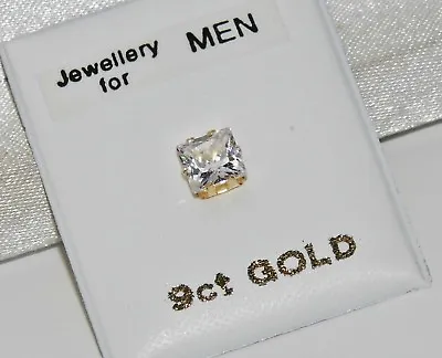 9CT GOLD 4mm PRINCESS CUT SQUARE MEN'S SINGLE STUD EARRING - Simulated Diamond • £12.95
