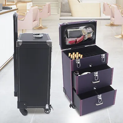 Women Pro Trolley Cosmetic Case Tattoo Nail Makeup Tool Box Rolling Luggage Case • $71.26