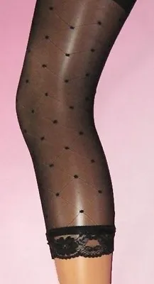 £4.99 • Buy Spotty Square Black 3/4 Footless Tights Lace Trim XS/S Ladies Semi Sheer Dot