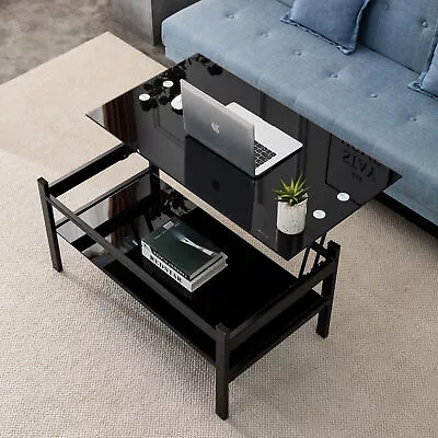 Tempered Glass Lift Top Coffee Table W/ Open Storage Shelf For Living Room Black • $112.49