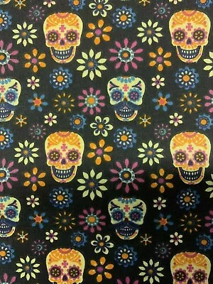 Mexican Candy Skulls Moustach Floral Flowers Gothic Halloween Fabric  • £3.99