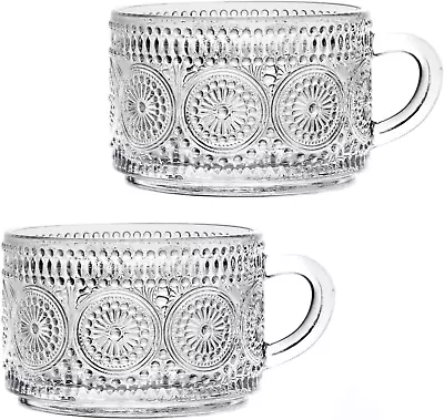 Vintage Coffee Tea Cups Glass Mugs 14 Oz Set Of 2 Embossed Glassware With Handl • $19.20