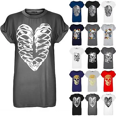 £6.59 • Buy Ladies Halloween Skeleton Bones Heart Scary Turn Up Sleeve Womens T-Shirt Top