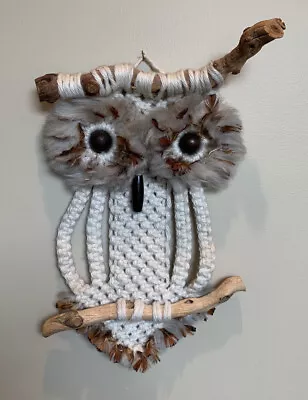 Vtg Mid Century Macrame Owl Hanging Wall Art Drift Wood Ball Eyes • $21.95