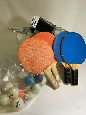 Vintage Stiga Table Tennis Ping Pong Set. 4 Paddles Net Clamps Lots Of Balls • $10