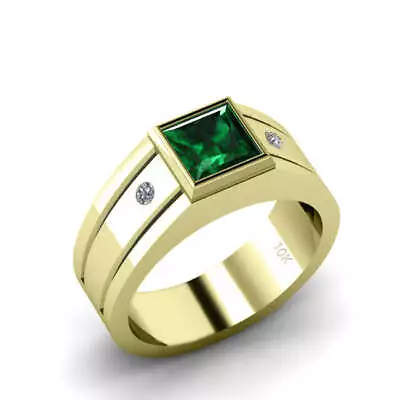 Green Emerald Ring Solid 10K Yellow Gold And 0.04ct Real Diamonds Wide Band Man' • $849