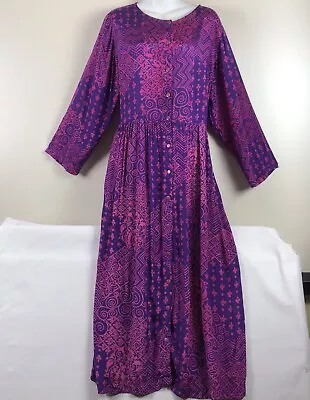 Vintage Adini Dress Womens Medium India Blockprint Purple Button Hippie Boho • $85