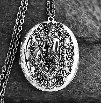 Mermaid Locket Necklace Nautical Pirate Jewelry Silver Photo Pill Stash Box • $38.95