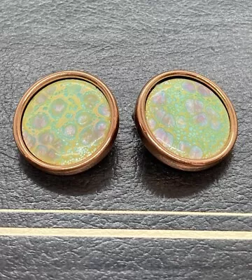 Matisse Renoir Blue Enamel Copper Earrings Round Disc Signed Speckled • $15.59