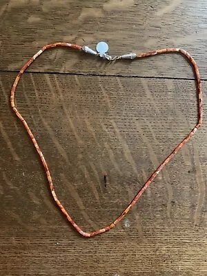 VINTAGE Native American 24  Orange Spiny Oyster Bead Sterling Silver Necklace • $70