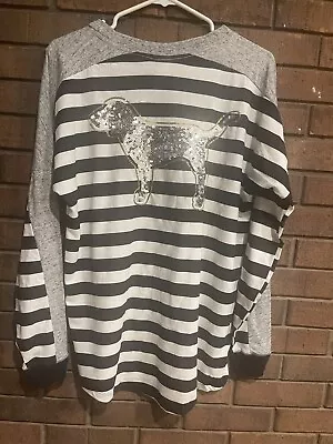 New Victorias Secret Pink Top Size Small Sequin Bling Dog Striped Black White LS • $12.99