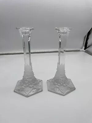 $23 • Buy Pair Of Val St Lambert Vsl Molded Frosted Flowers & Leaves Candlesticks