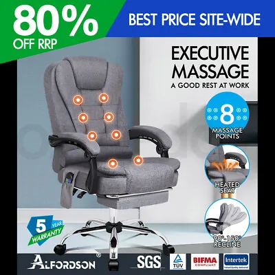 ALFORDSON Massage Office Chair Heated Seat Executive Gaming Racer Fabric Grey • $179.95