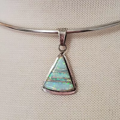 Navajo Handmade White Opal Inlay Sterling Silver Pendant Collar Necklace Signed  • $99