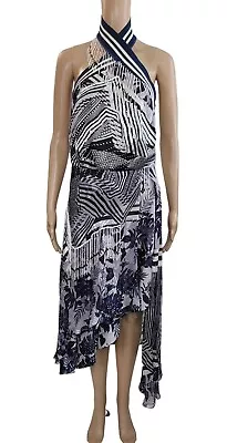 PREEN BY THORNTON BREGAZZI Navy Blue Floral Beaded Silk Blend Asymmetric Dress M • $69